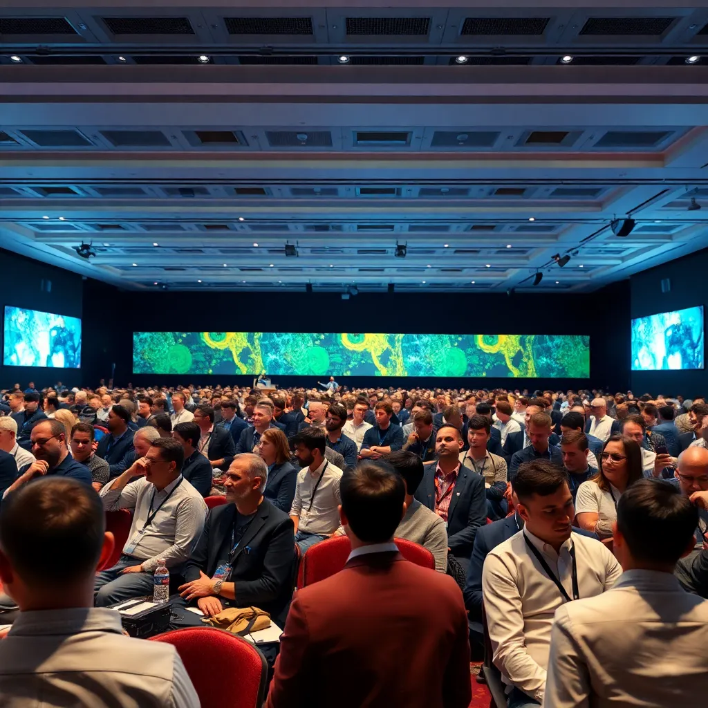 A large audience attending a keynote session at an AI conference