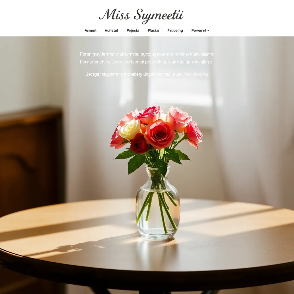 Screenshot of Miss Symetria website with white background, text in Polish, and a photo of a flower vase on a table