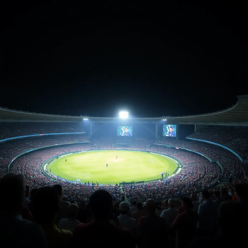 A packed Eden Gardens stadium with enthusiastic crowd watching an IPL cricket match under floodlights