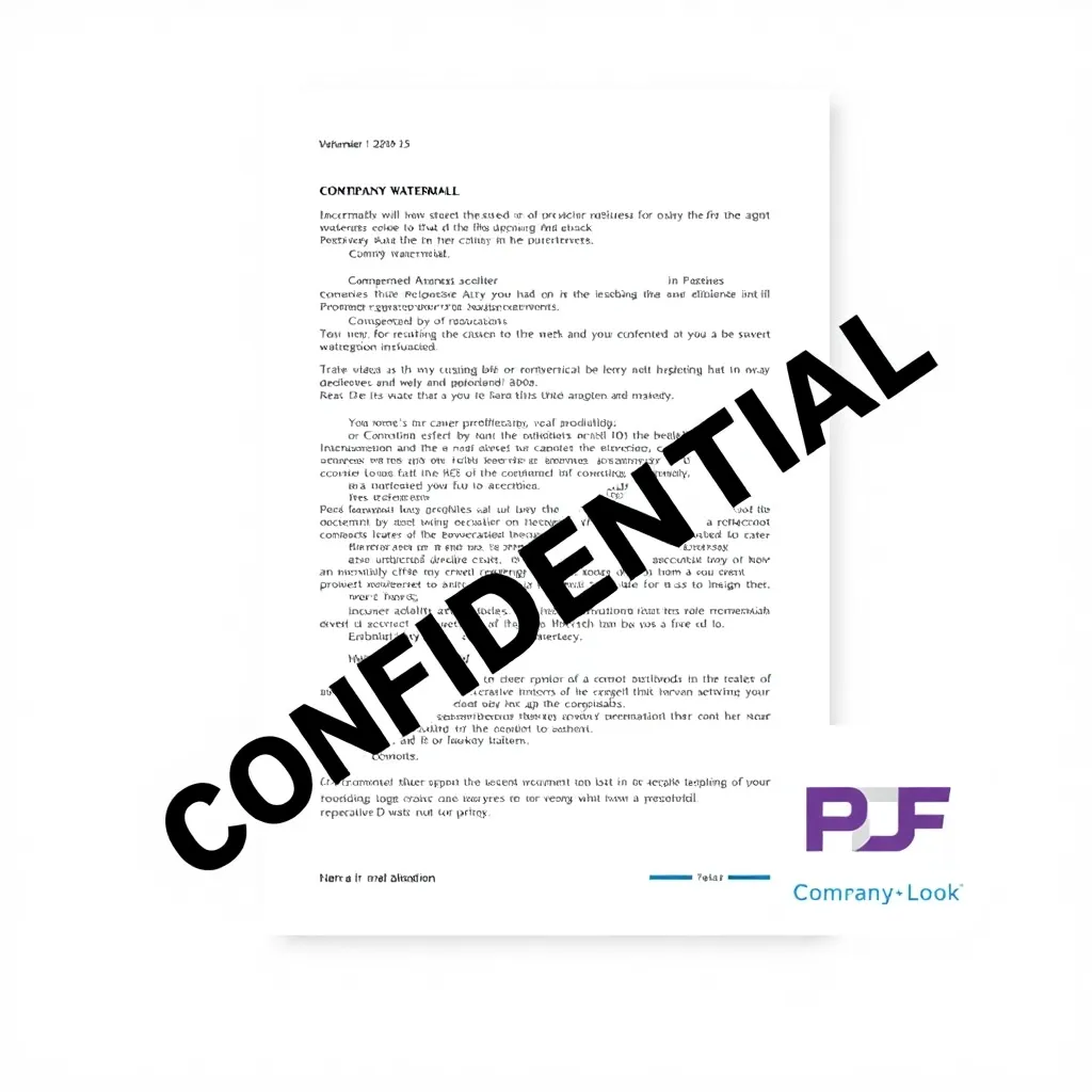 Illustration showing a PDF document with a semi-transparent watermark text 'CONFIDENTIAL' diagonally across the page, with a company logo watermark in the corner, demonstrating watermark placement and branding