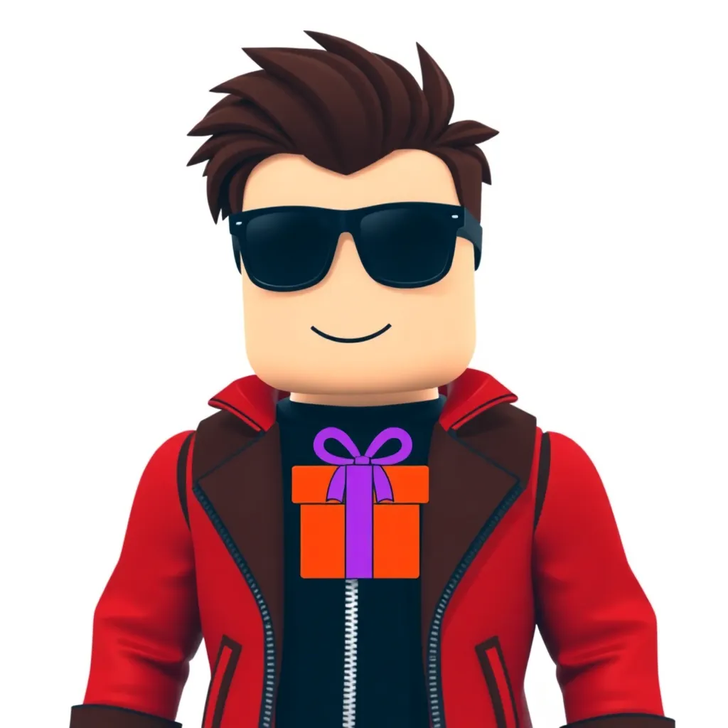 Roblox avatar wearing a cool red jacket and sunglasses with a gift box icon