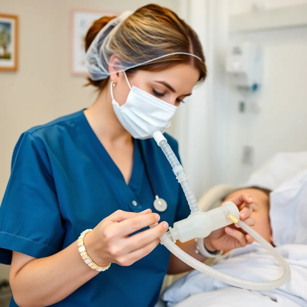Nurse carefully handling tracheostomy tube and suction equipment in a clean home setting