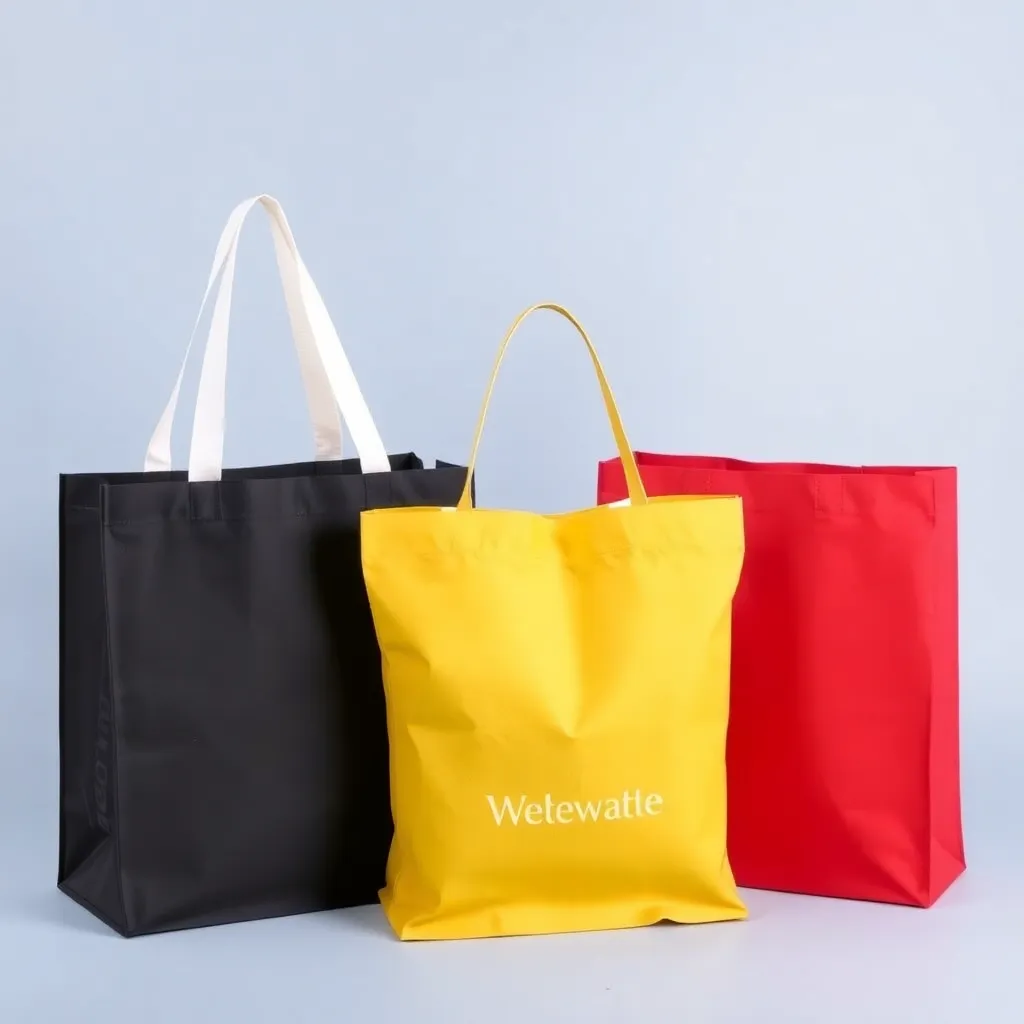 Three non woven bags in black, yellow, and red colors with handles, arranged side by side