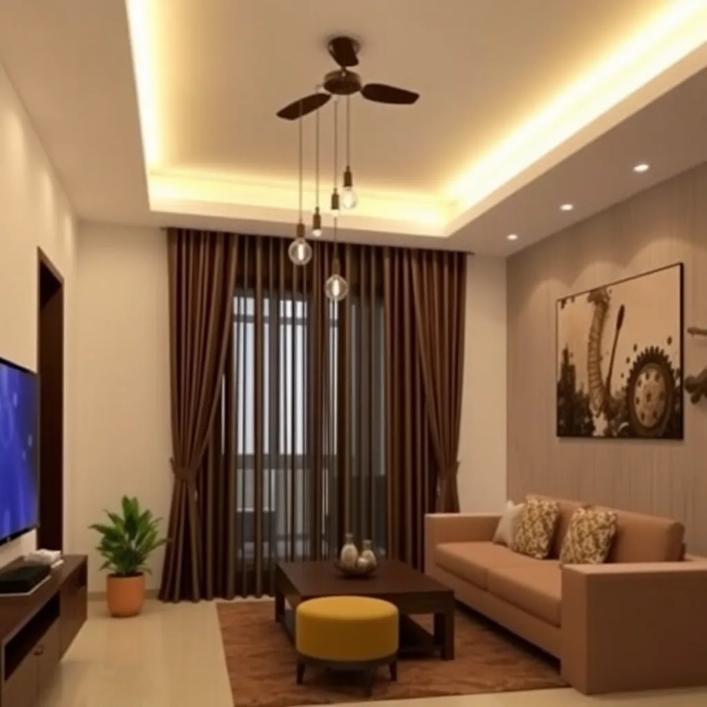 Image showing 4 BHK Interior designs with a dark curtain and pendant lights