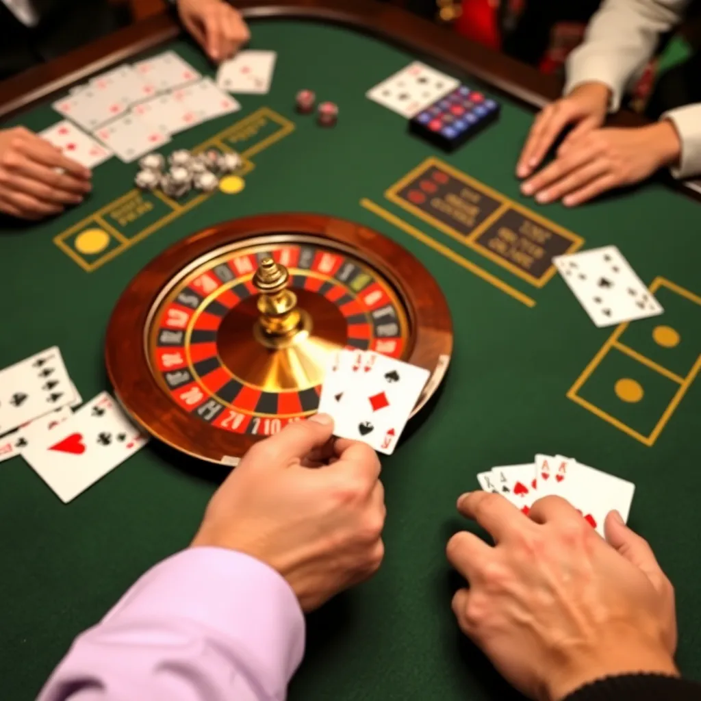 Online casino table showing blackjack cards and roulette wheel with chips and dealer hands