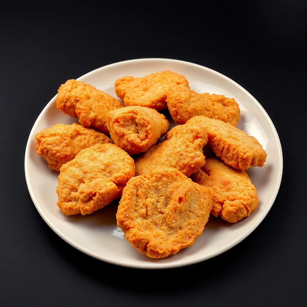 Plate with fried chicken pieces on black background