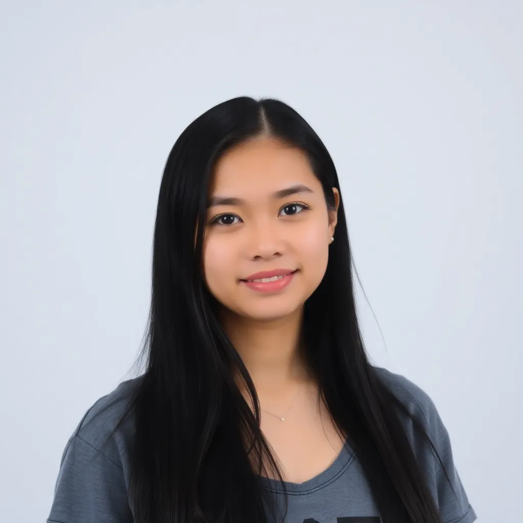Portrait photo of Lina Kurnia, a young woman with long black hair wearing a casual top