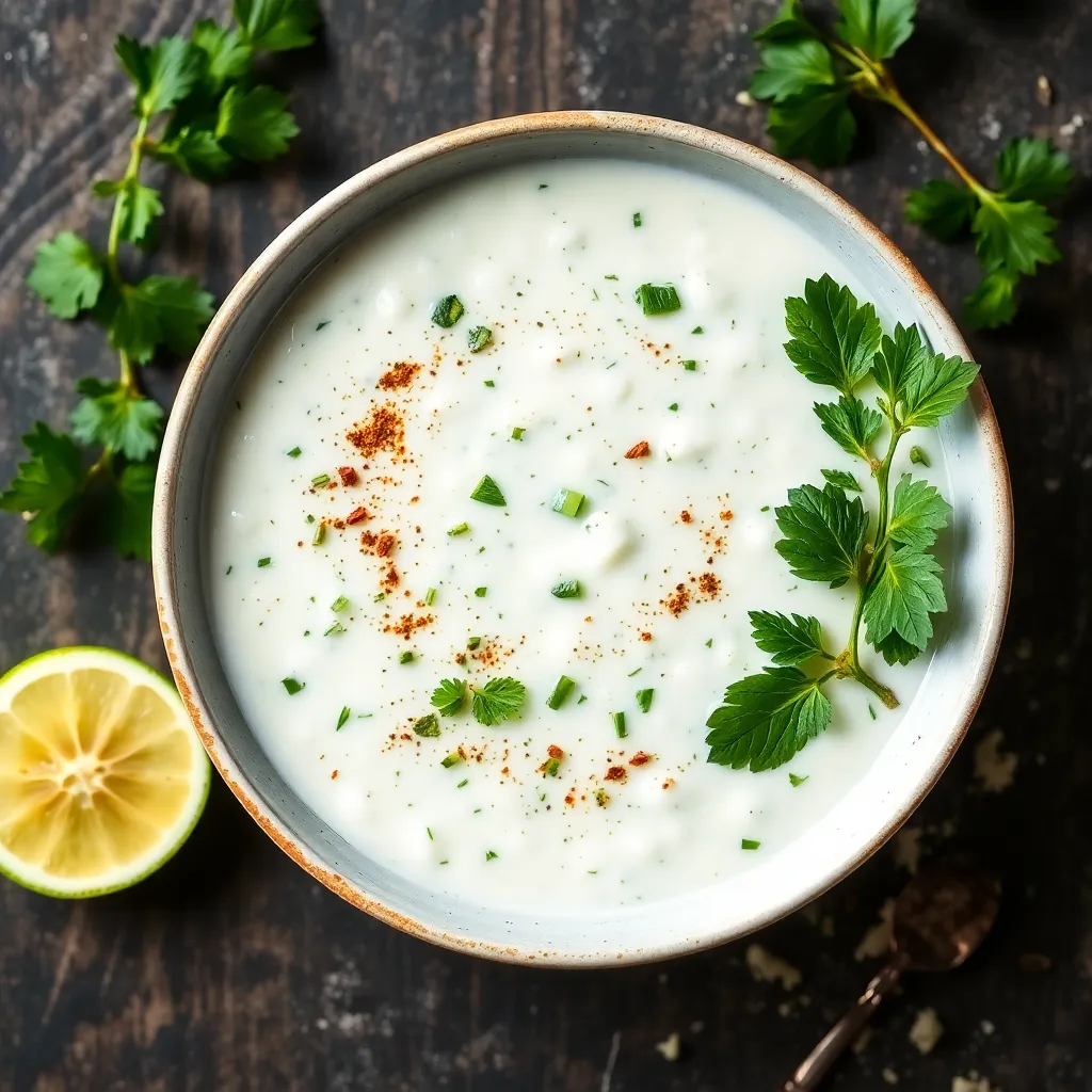 Bowl of cucumber raita with fresh herbs and spices