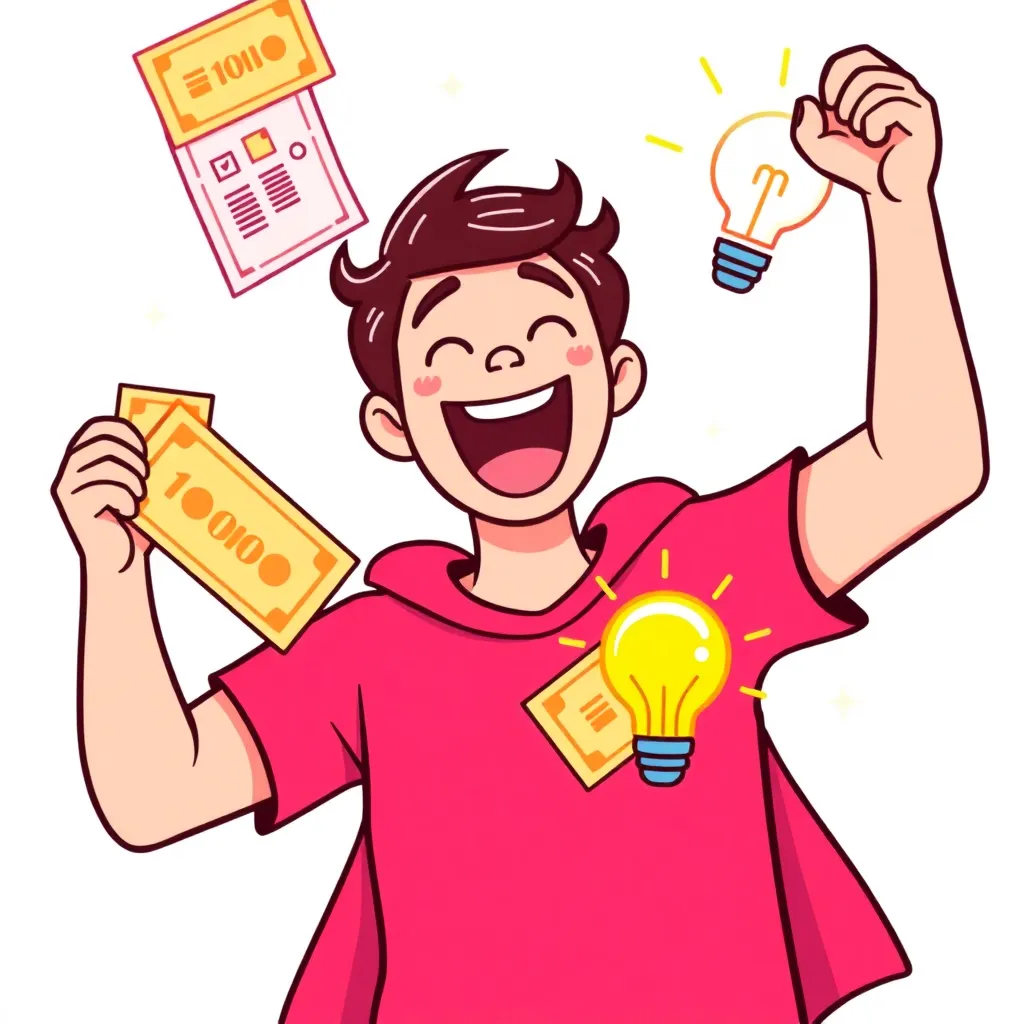 Illustration of a player celebrating with multiple winning tickets and a lightbulb icon representing a smart trick