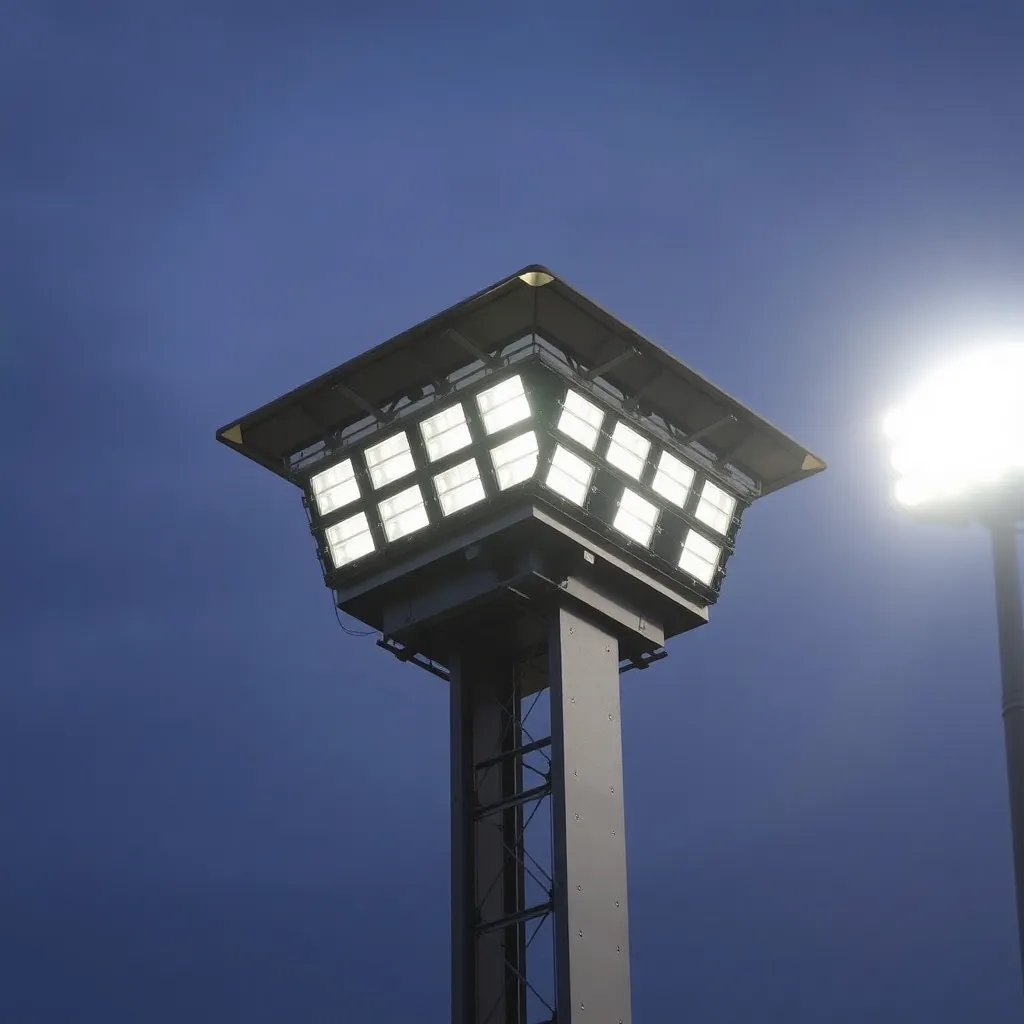 Close-up image of a floodlight tower at HPCA Stadium with some lights off indicating malfunction