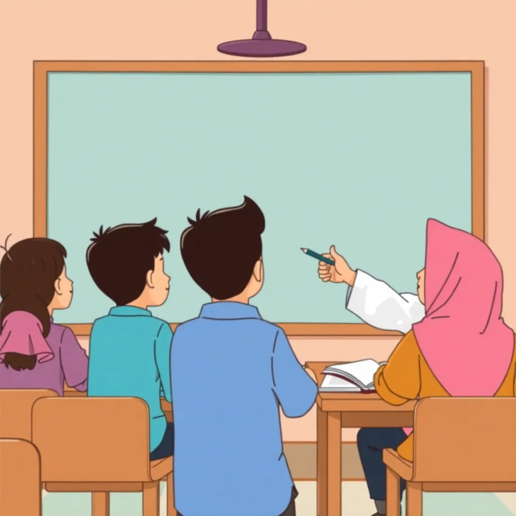 Gambar ilustrasi berita keempat: anak-anak sedang belajar di kelas dengan guru yang sedang menjelaskan di papan tulis