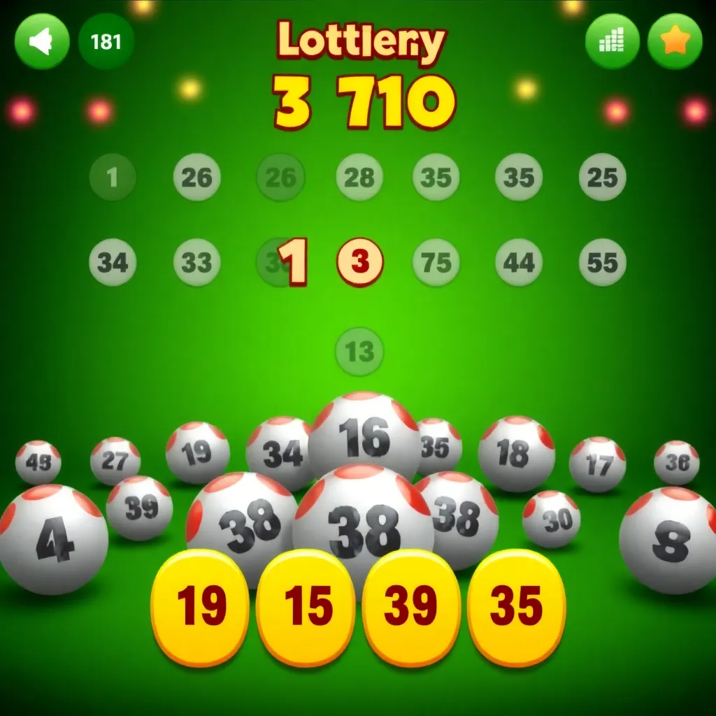 Lottery game demo screen showing lottery balls and ticket numbers