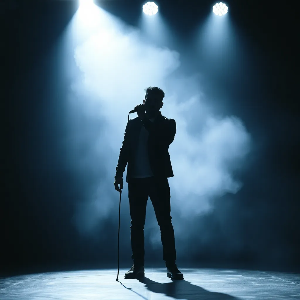 Silhouette of an artist on stage with spotlight and smoke
