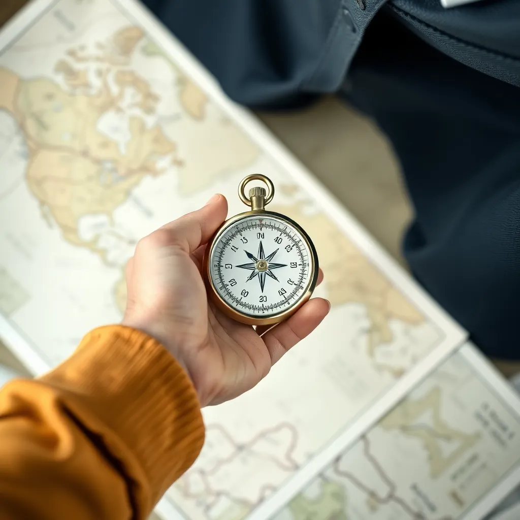 Mission concept: person holding a compass on a map, symbolizing direction and purpose