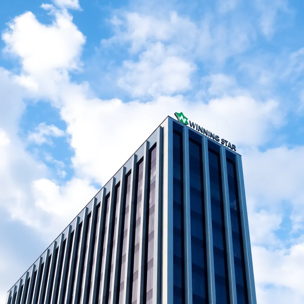 Tall modern office building with vertical blue and black stripes and a green and white WINNING STAR logo near the top, under a partly cloudy blue sky