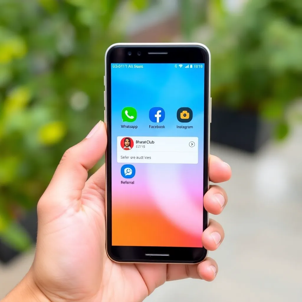 Hand holding smartphone showing social media apps like WhatsApp, Facebook, Instagram with Bharat Club referral link shared