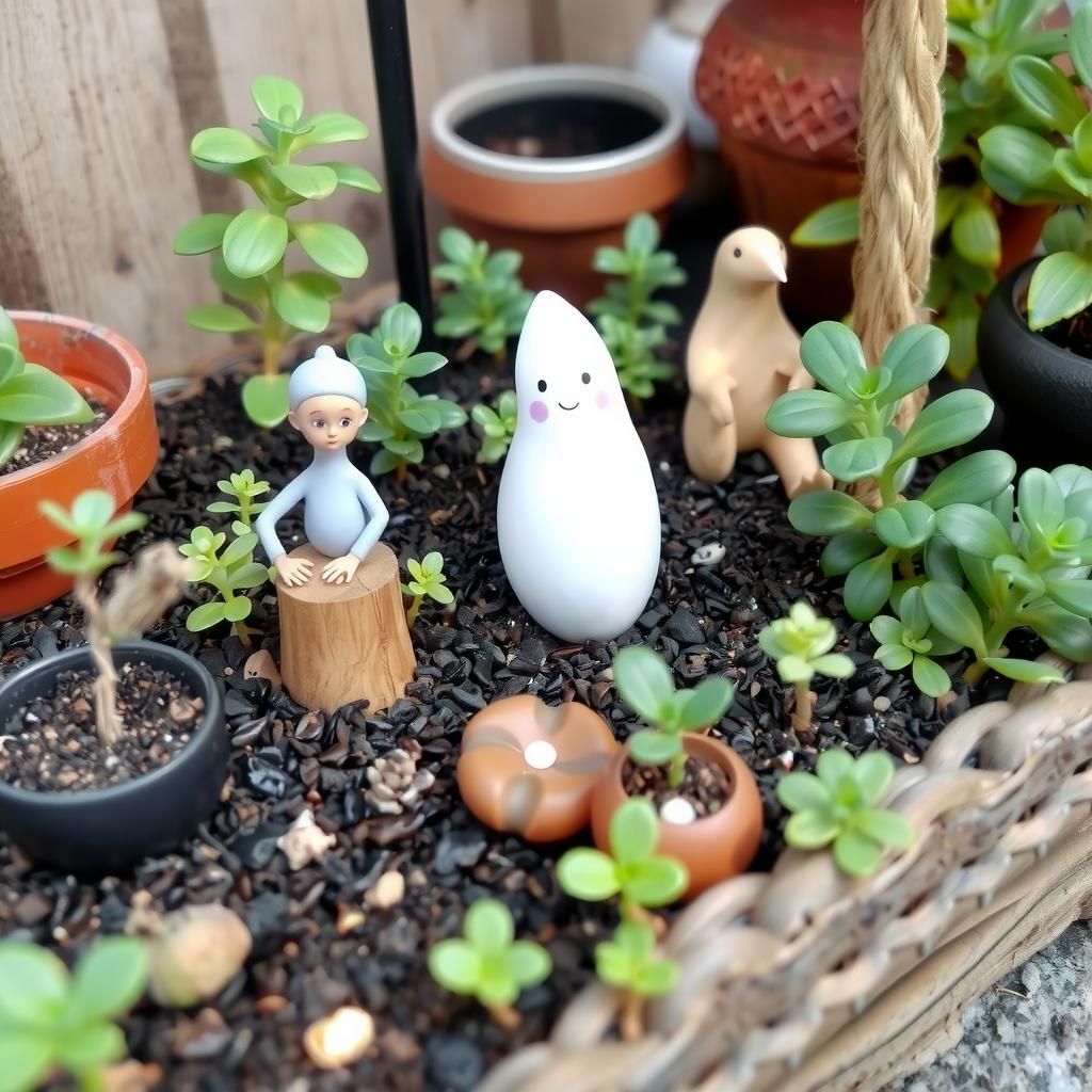 A small organic garden with various plants and decorations