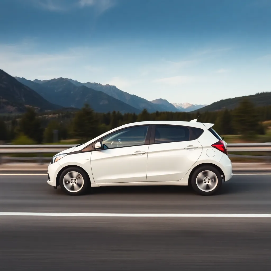 Axia compact white car driving on a highway with mountains in background