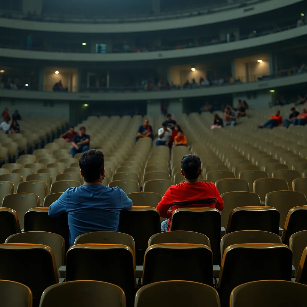 Empty stadium seats with concerned fans watching, symbolizing the potential impact of player withdrawals on IPL viewership