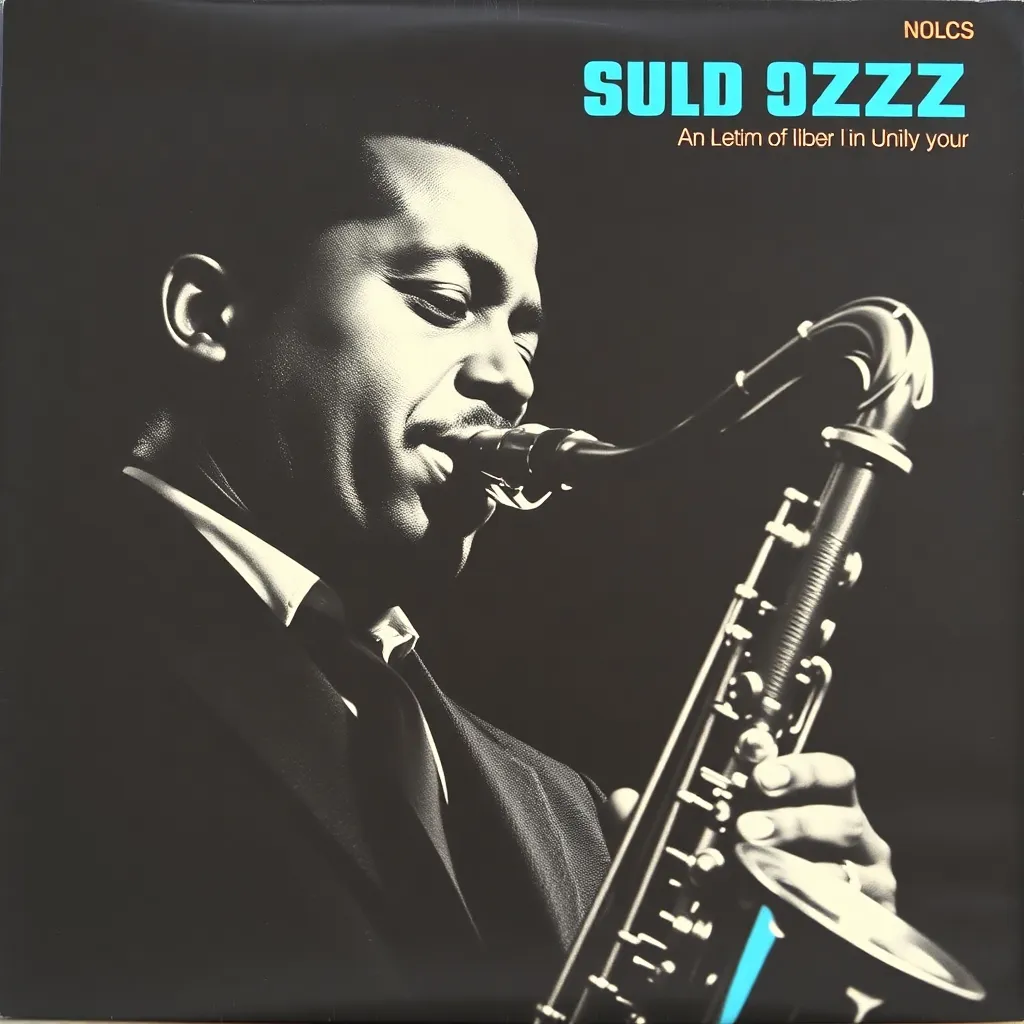 Album cover art featuring a black and white portrait of a jazz musician playing saxophone with cyan highlights