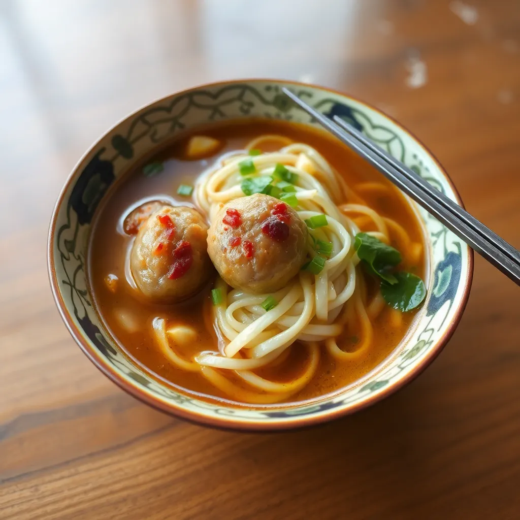 Bowl of Mie Kuah Bakso with meatball broth and noodles