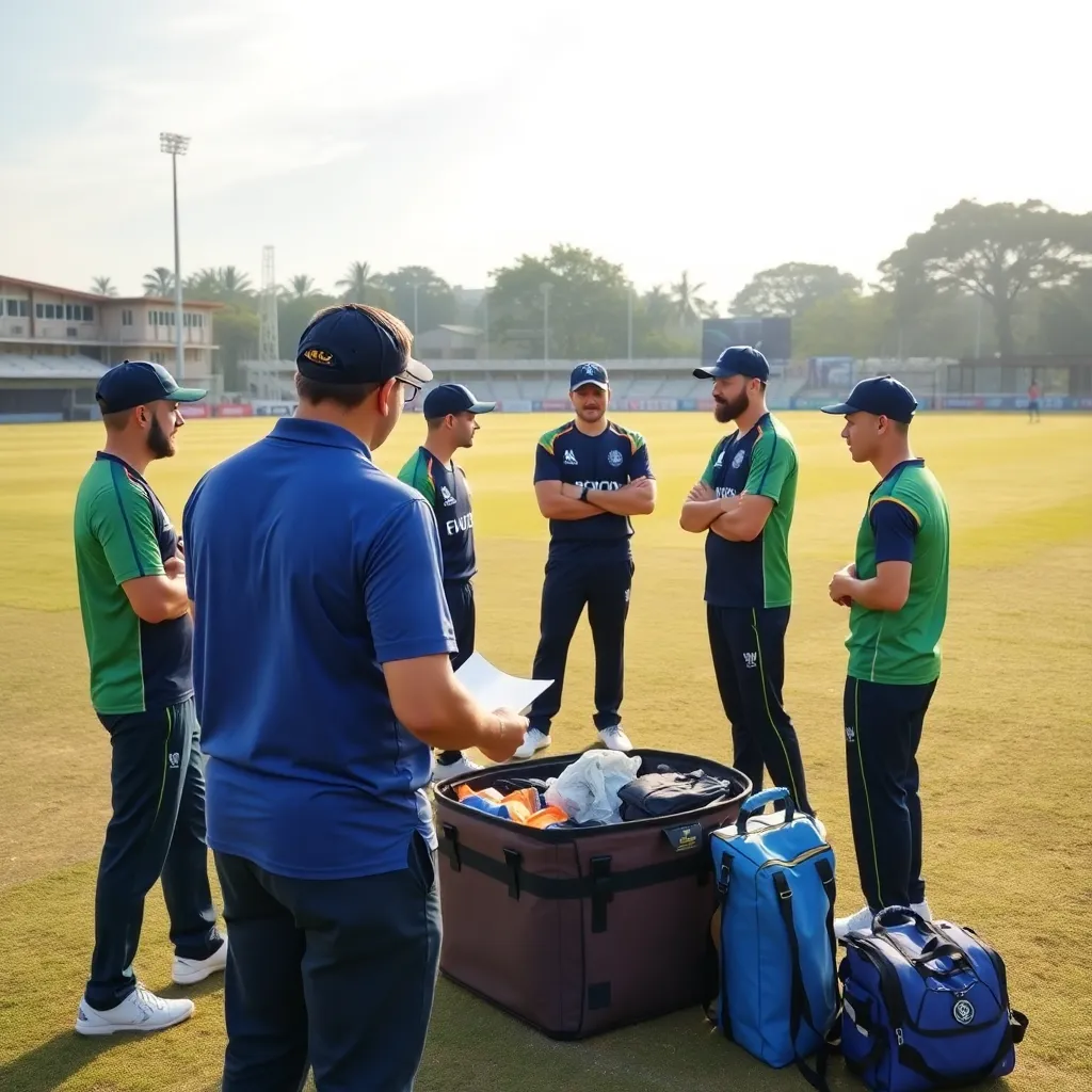 Medical kit and cricket players training session on field with coaches