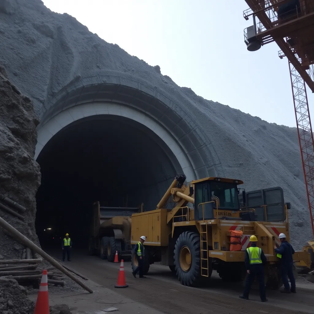 Construction site of a large tunnel with heavy machinery and workers in safety gear