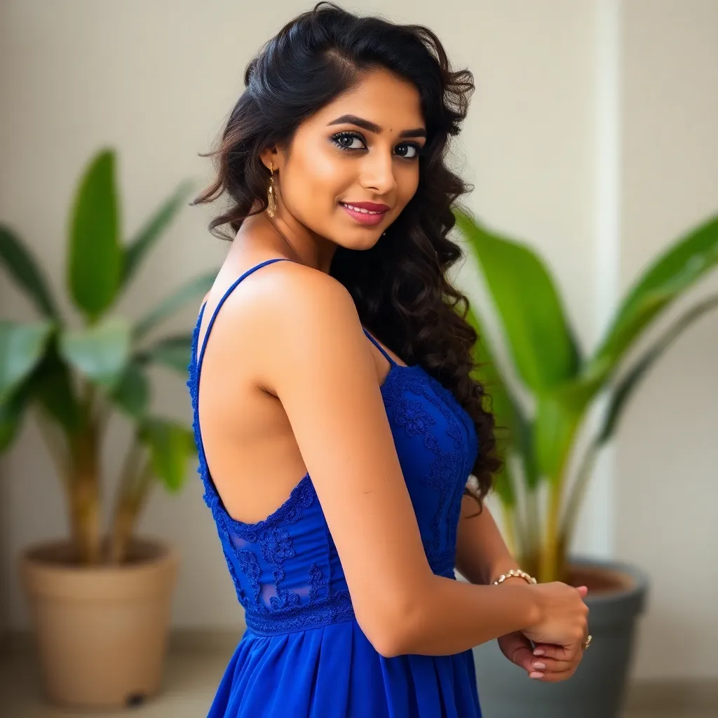 Attractive Indian woman with curly hair wearing a blue dress, representing a premium Lucknow escort