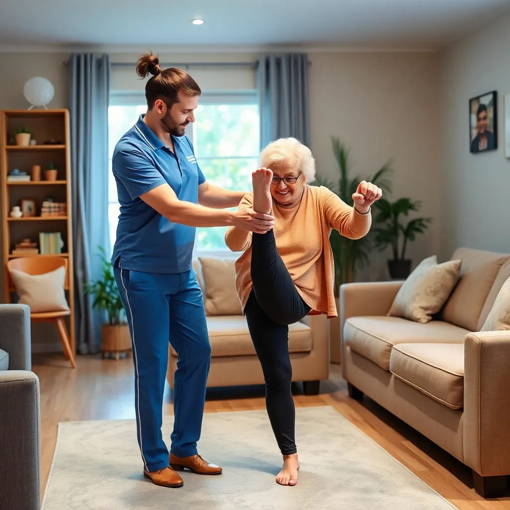 Physiotherapist helping patient exercise at home, a professional physiotherapist guiding an elderly patient through leg exercises in a home living room