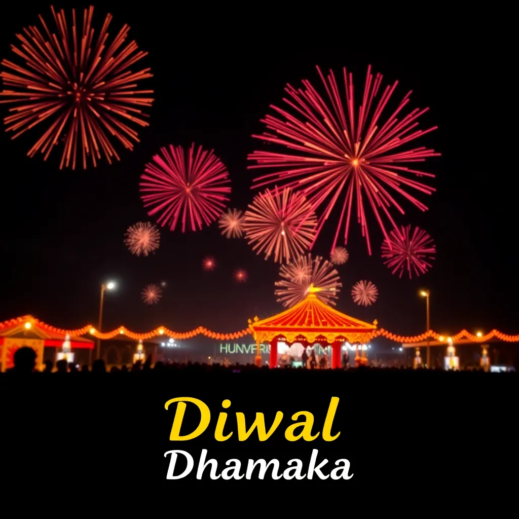 Bright Diwali festival lights and fireworks with text Diwali Dhamaka