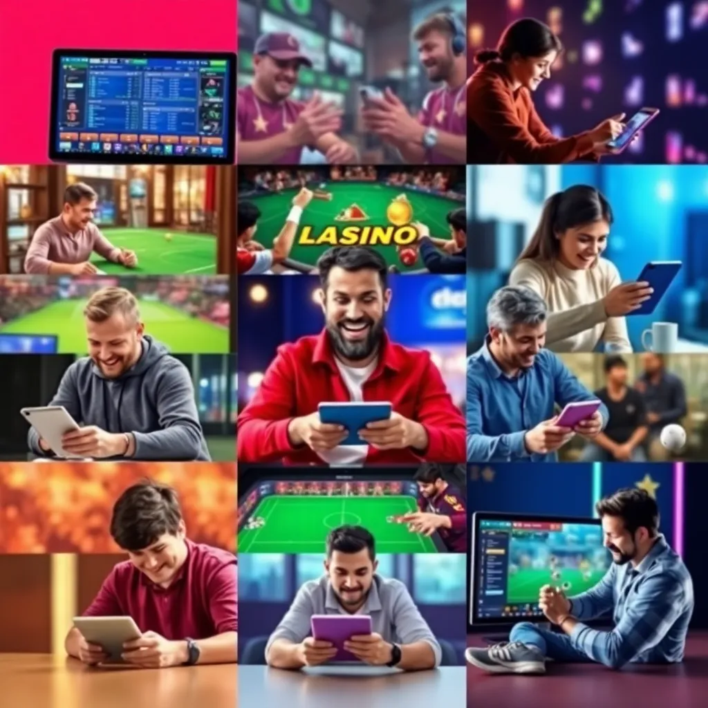 Collage showing diverse players enjoying online sports betting, casino games, and lottery on mobile and desktop devices with vibrant colors and dynamic interface