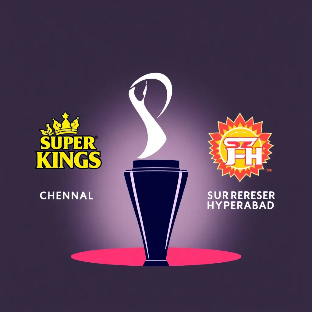 Illustration of IPL 2025 trophy with Chennai Super Kings and Sunrisers Hyderabad logos on either side, symbolizing a close match prediction