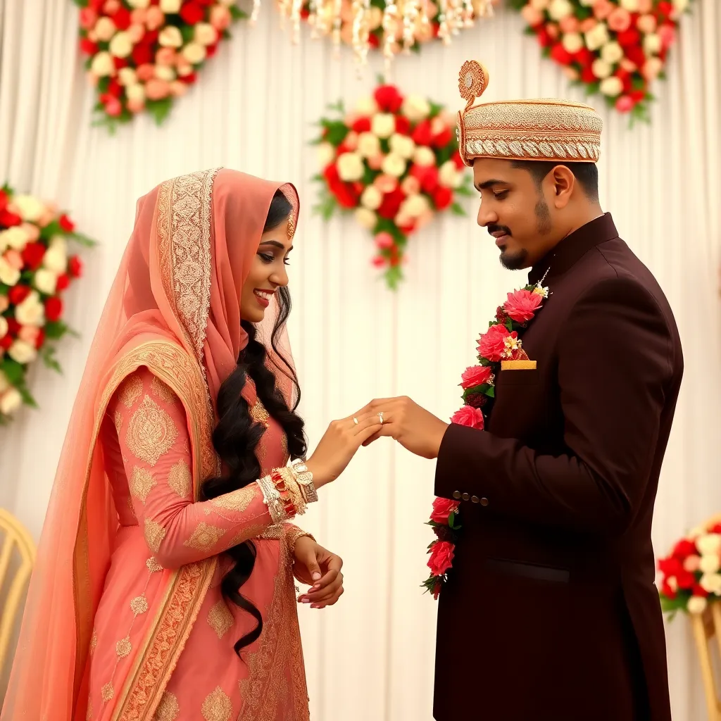 Bangladeshi couple exchanging rings in wedding ceremony, traditional and elegant