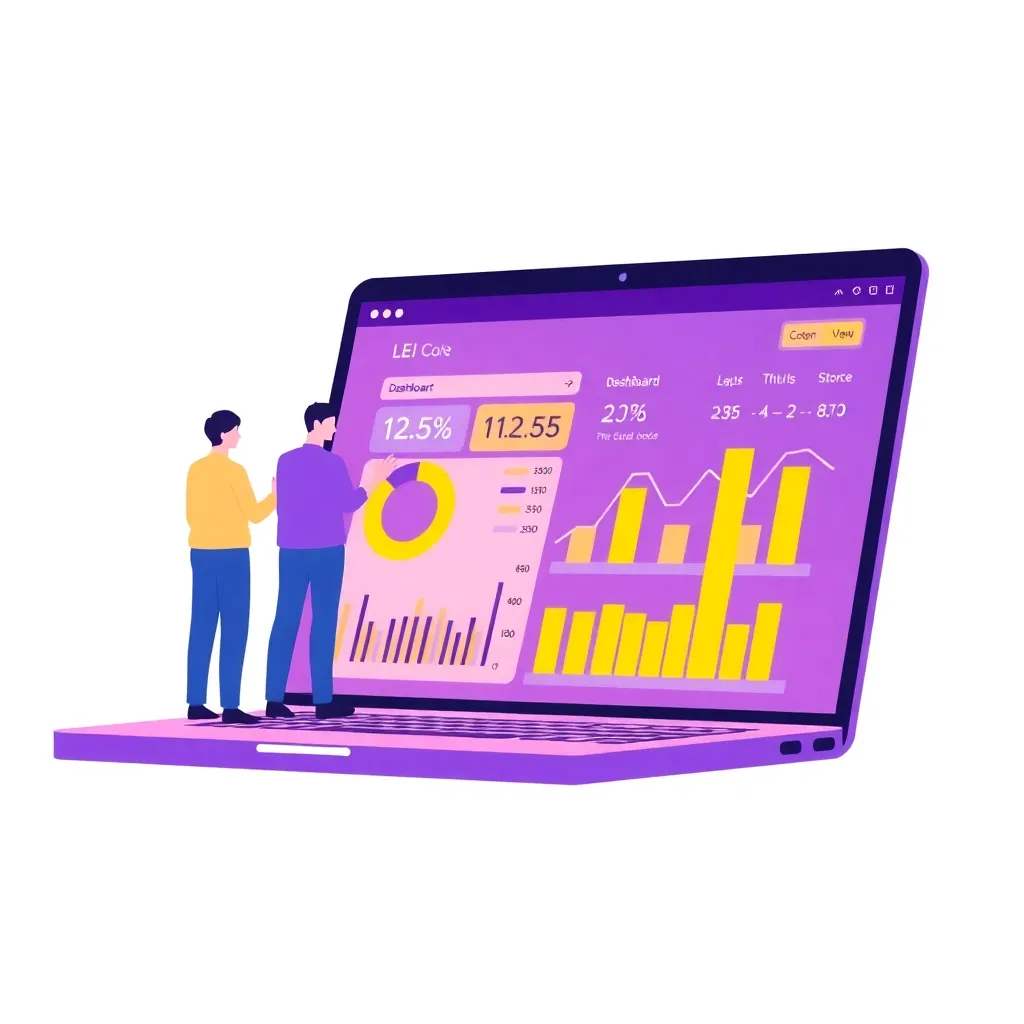 Illustration of a laptop with LEI code dashboard, charts, and two people standing and sitting on it, with yellow and purple color scheme