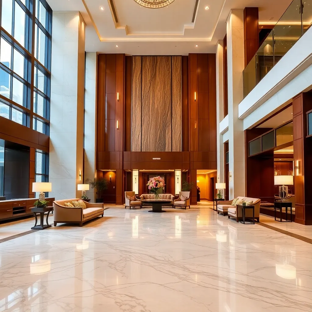 Luxurious hotel lobby interior with marble floors, plush seating, and warm lighting