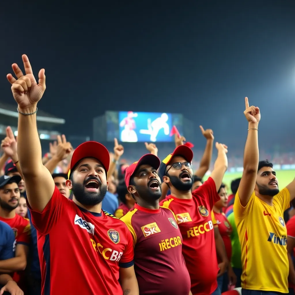 Crowd of passionate cricket fans cheering in stadium wearing RCB and CSK merchandise