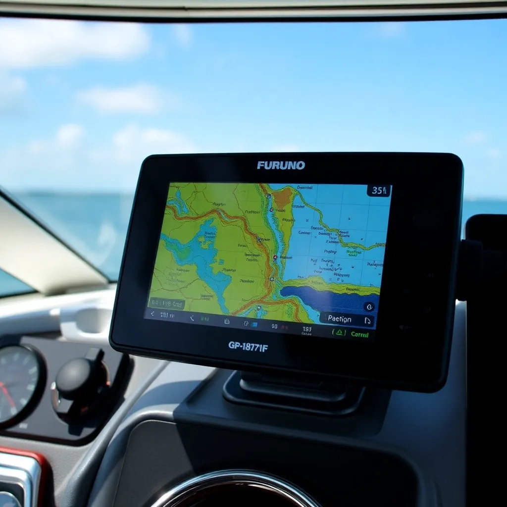 Furuno GP-1871F GPS chartplotter on boat dashboard, showing marine navigation screen with maps