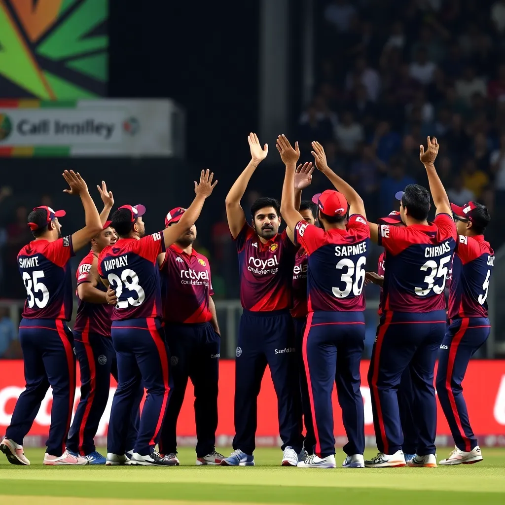 Royal Challengers Bengaluru cricket team celebrating their victory over Delhi Capitals at Arun Jaitley Stadium with players raising their hands and cheering on the field