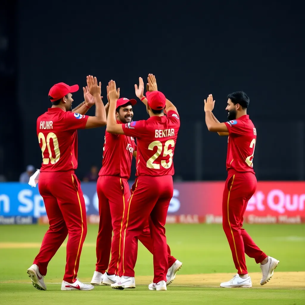 RCB bowlers celebrating a wicket with high-fives and cheers on the cricket field