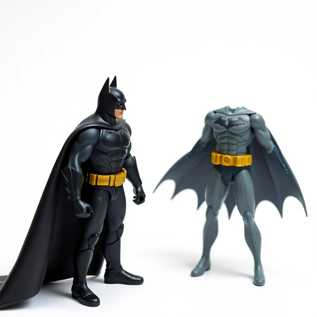 Black Batman and gray Batman figure toys on white background