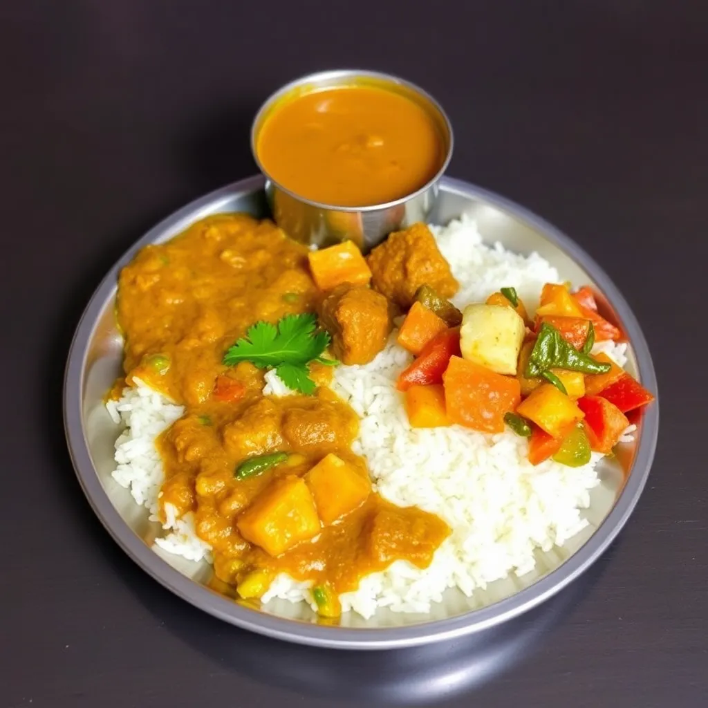 Combo meal with dal, rice, and vegetable sabzi served on a steel plate