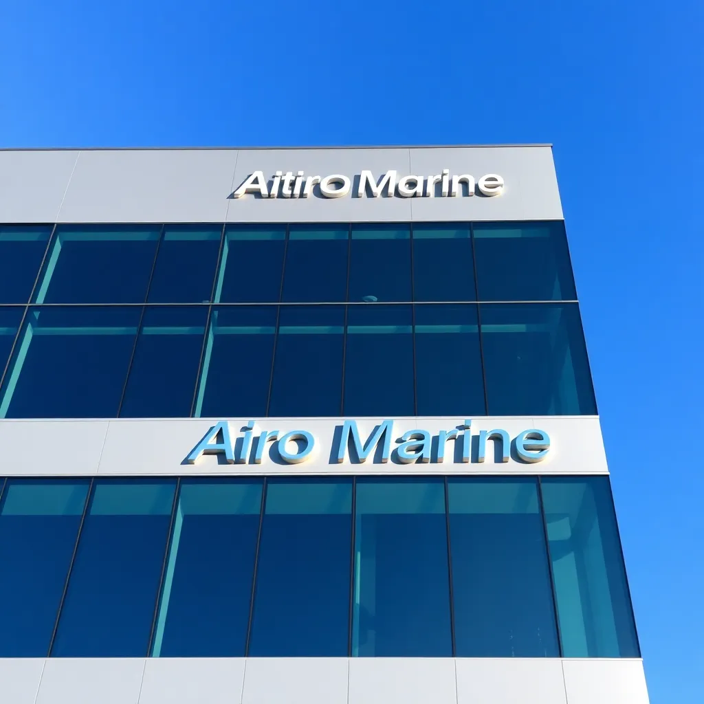 Modern office building exterior with Airo Marine signage and blue sky, a modern glass facade building with company logo on front