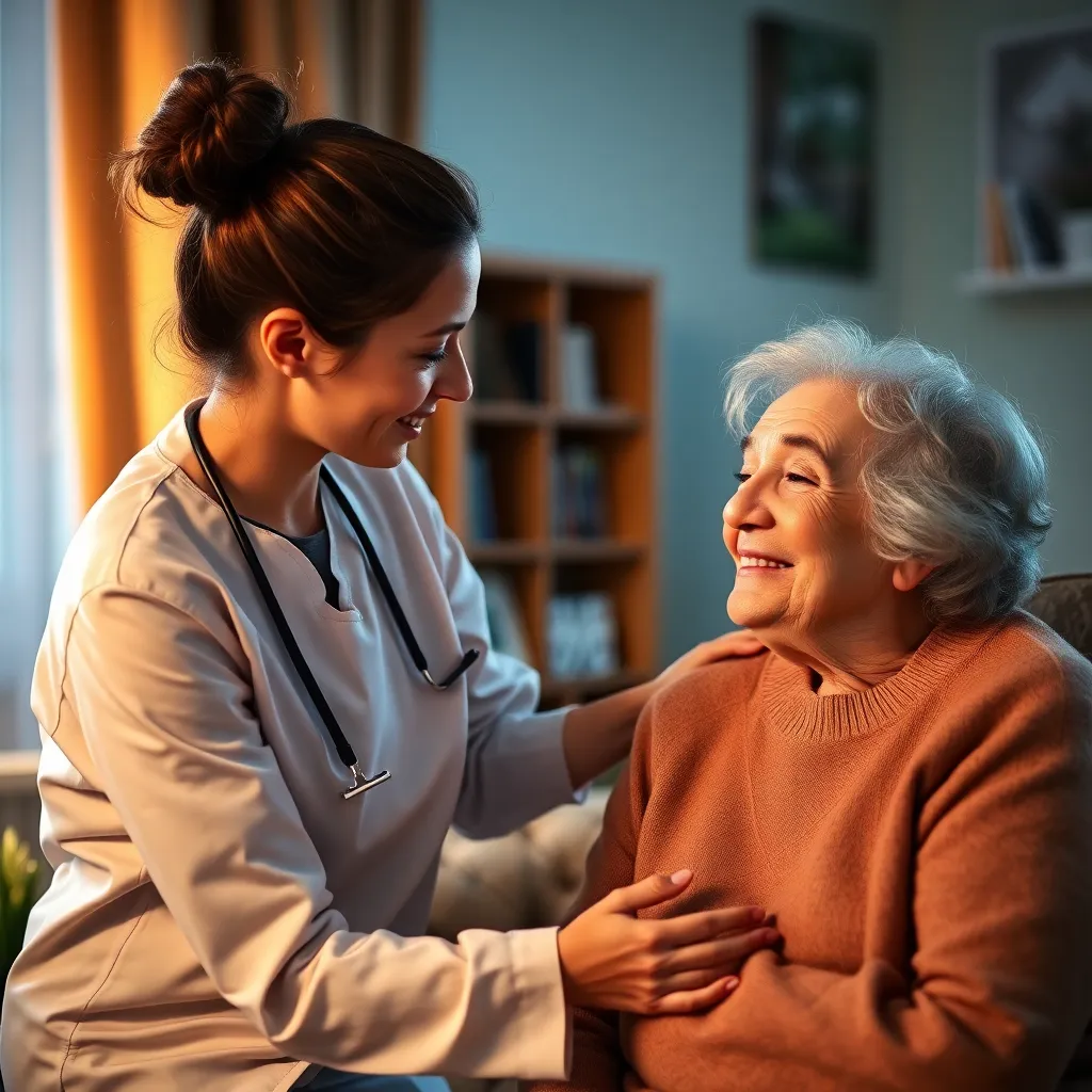 Caregiver gently helping an elderly person with warm lighting, showing human connection and compassion in a cozy home environment