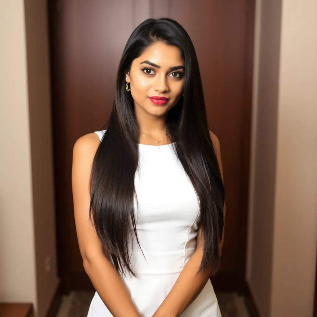 Attractive Indian woman with straight hair wearing a white dress, representing a premium Lucknow escort