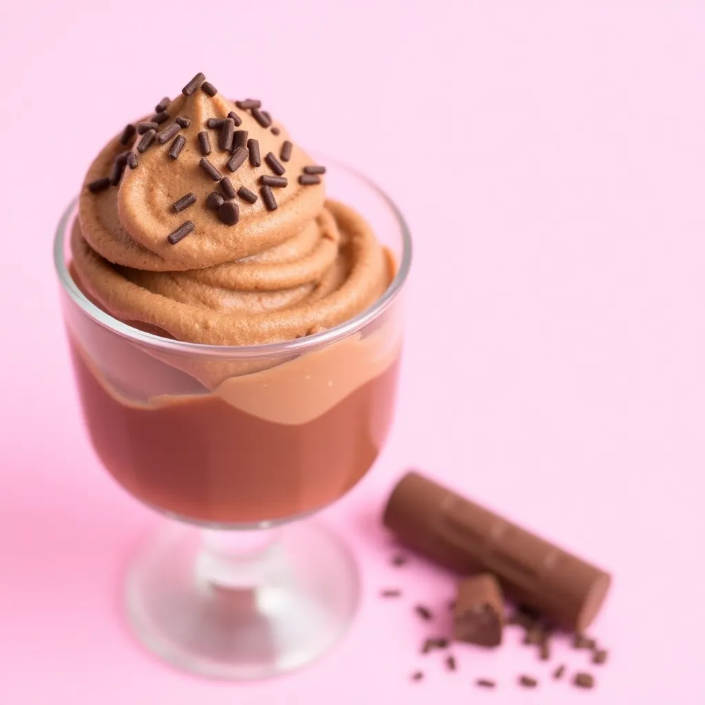 Es krim cokelat dalam cangkir kaca dengan taburan cokelat di atasnya dengan latar belakang merah muda