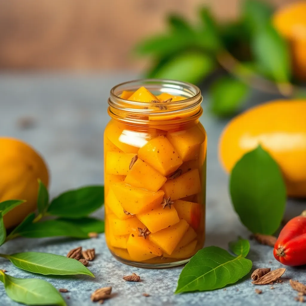 Small jar of Indian mango pickle with spices