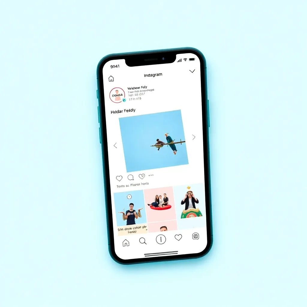 Contoh desain feed Instagram dengan tema warna biru dan putih di layar smartphone