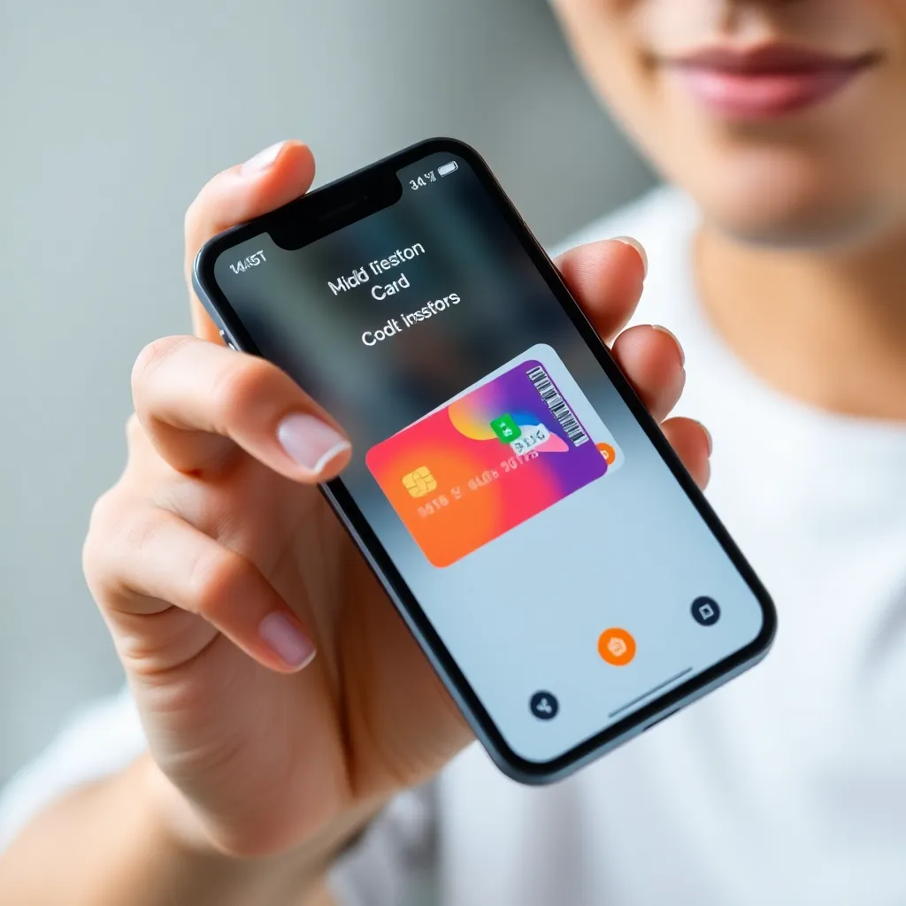Close-up of a person holding a smartphone displaying a digital card issuance app interface with colorful cards on screen