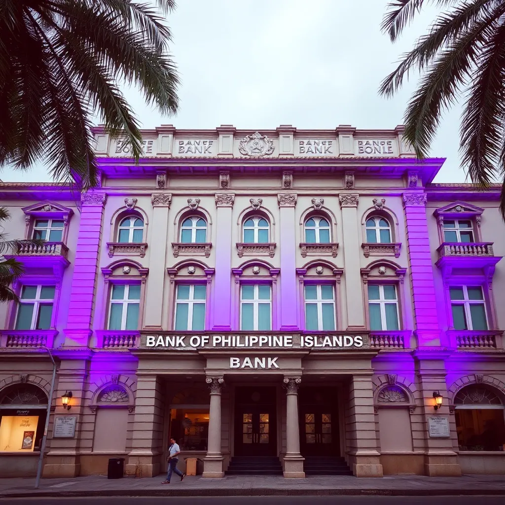 Historic bank building of Bank of the Philippine Islands in the Philippines, vintage architecture with purple tint