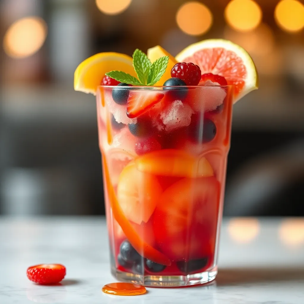 Glass of mixed fruit ice dessert with colorful fruits and syrup